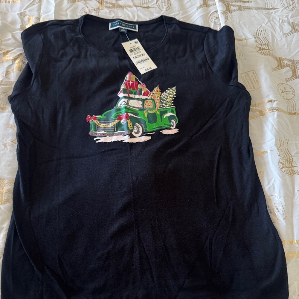 Karen Scott Black Tee with Green Holiday Truck Design